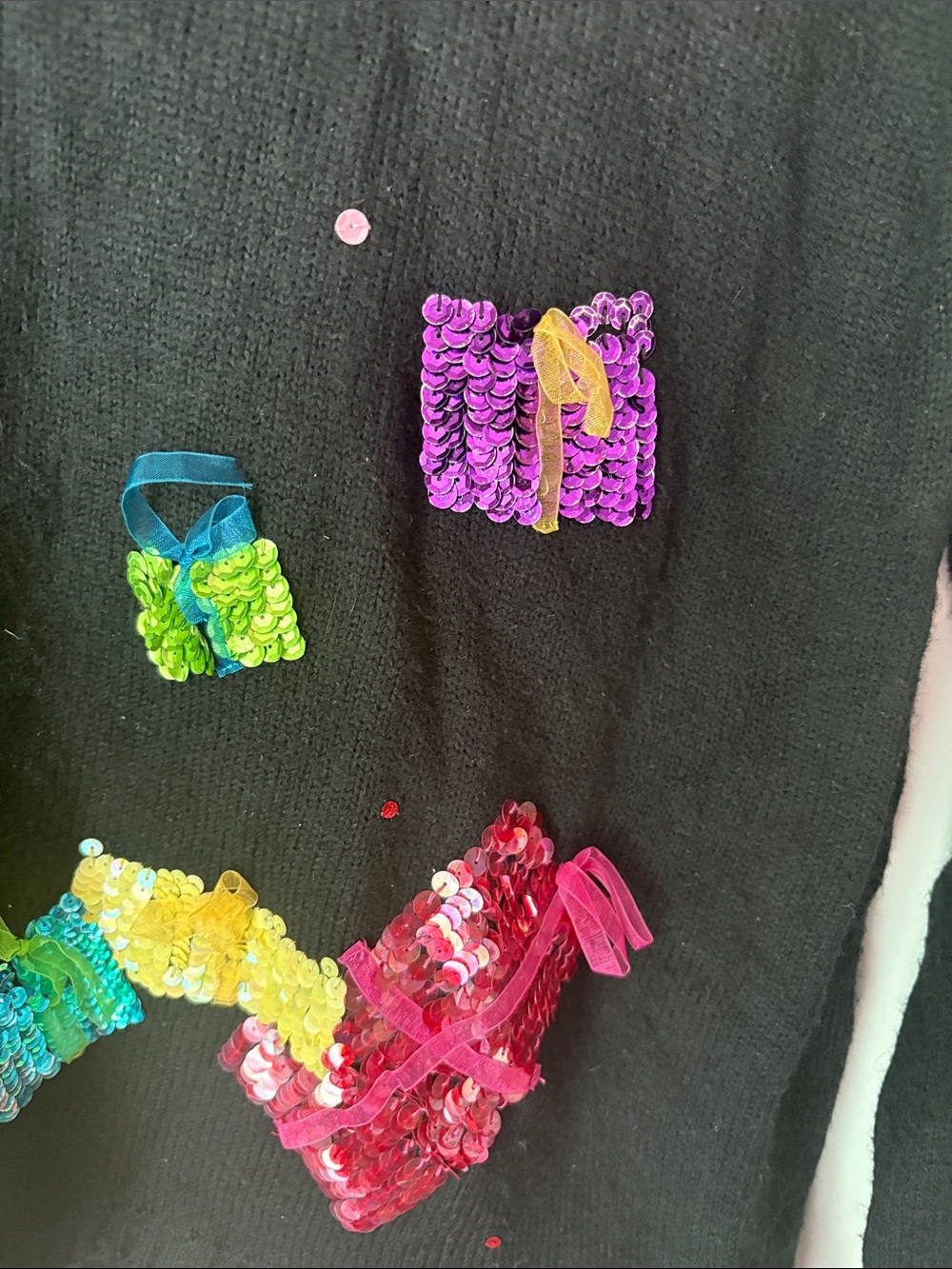Karen Scott Black Sweater with Multicolor Sequin Gift Motifs